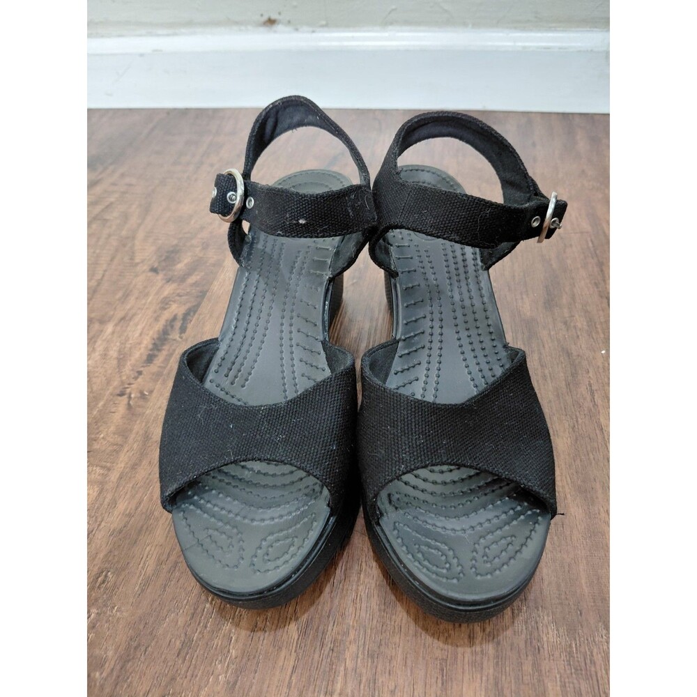 Crocs Leigh II Sandals Women's 9 Black Ankle Strap Buckle Comfort Wedge Shoes - Picture 3 of 8